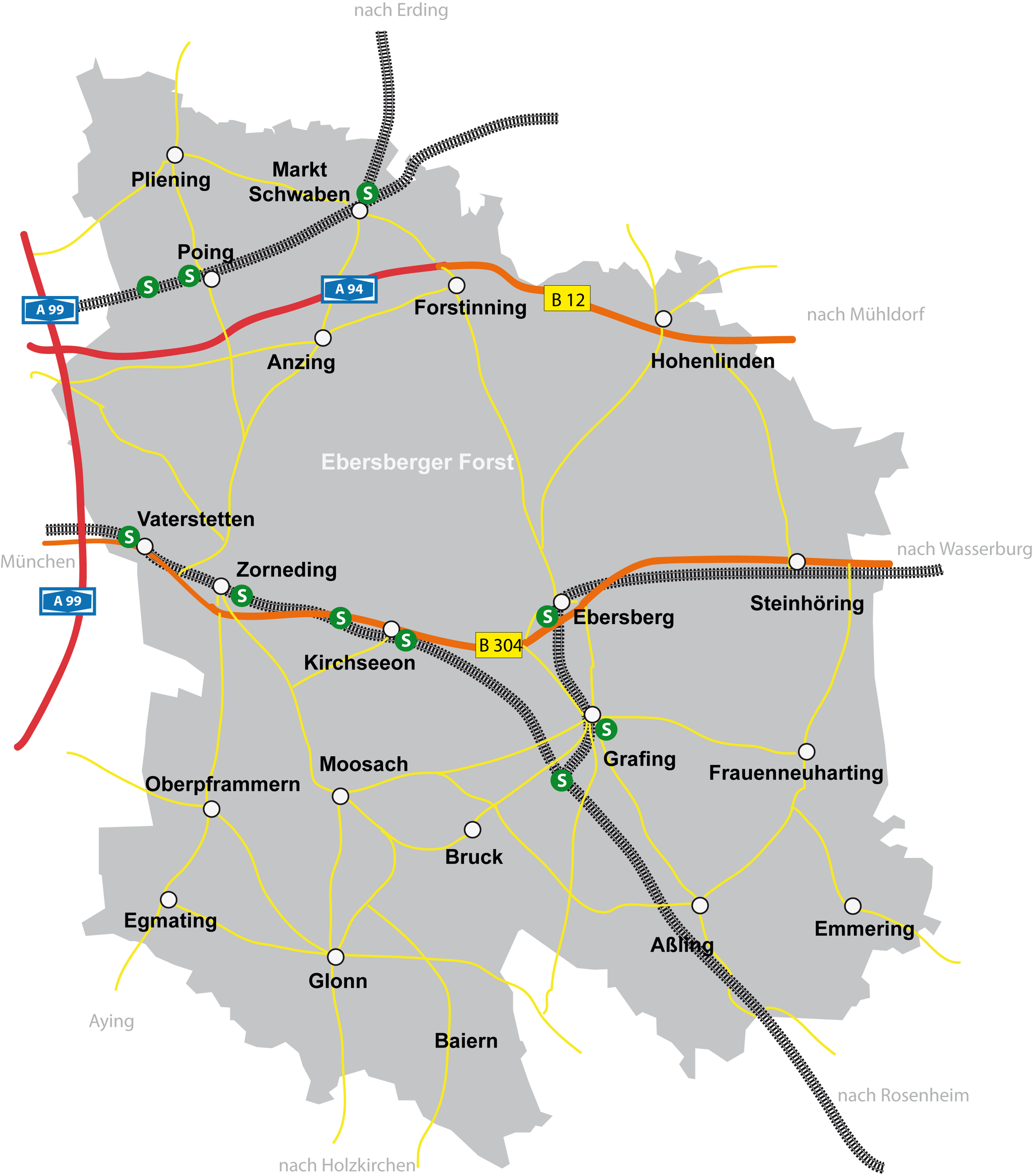 Karte mit Anfahrtsmöglichkeiten Landkreis Ebersberg